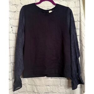 OC Women's Large Navy Blue Long Sleeve Button Back‎ Sweater - Sheer Sleeves